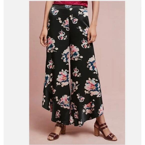 Anthropologie Elevenses Floral Tansy Ruffle Pants Size 4 Black Satin Wide Leg - Picture 1 of 11